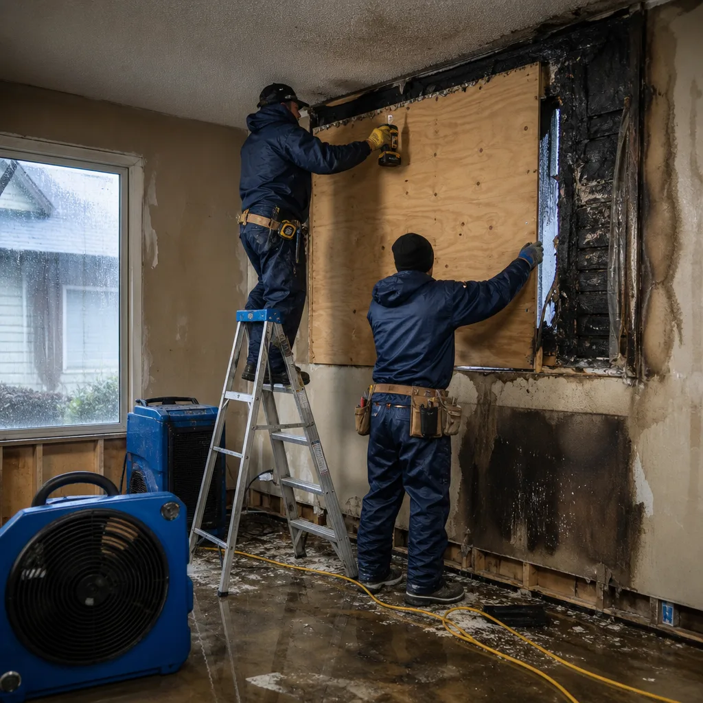 Restoration technicians boarding up a fire-damaged wall in a house
