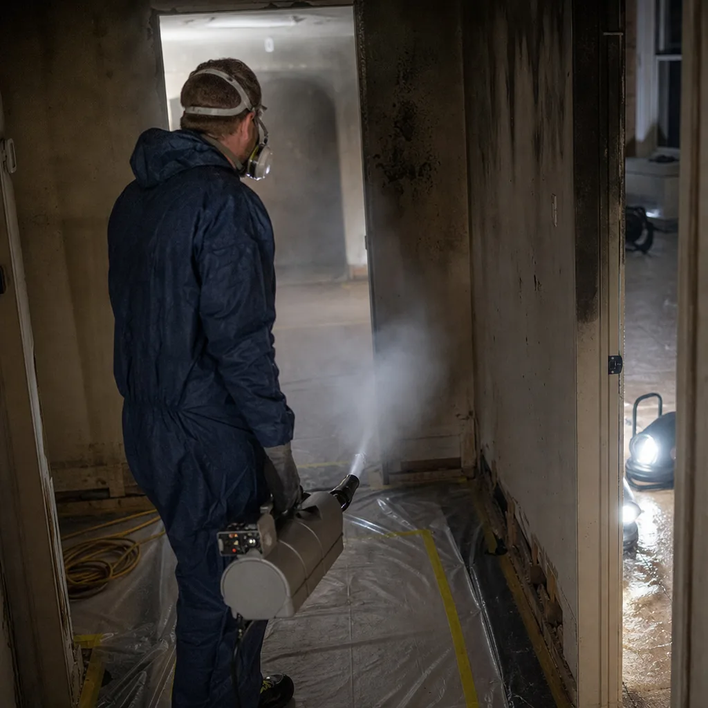 Technician performing professional fire and smoke damage restoration in a damaged home