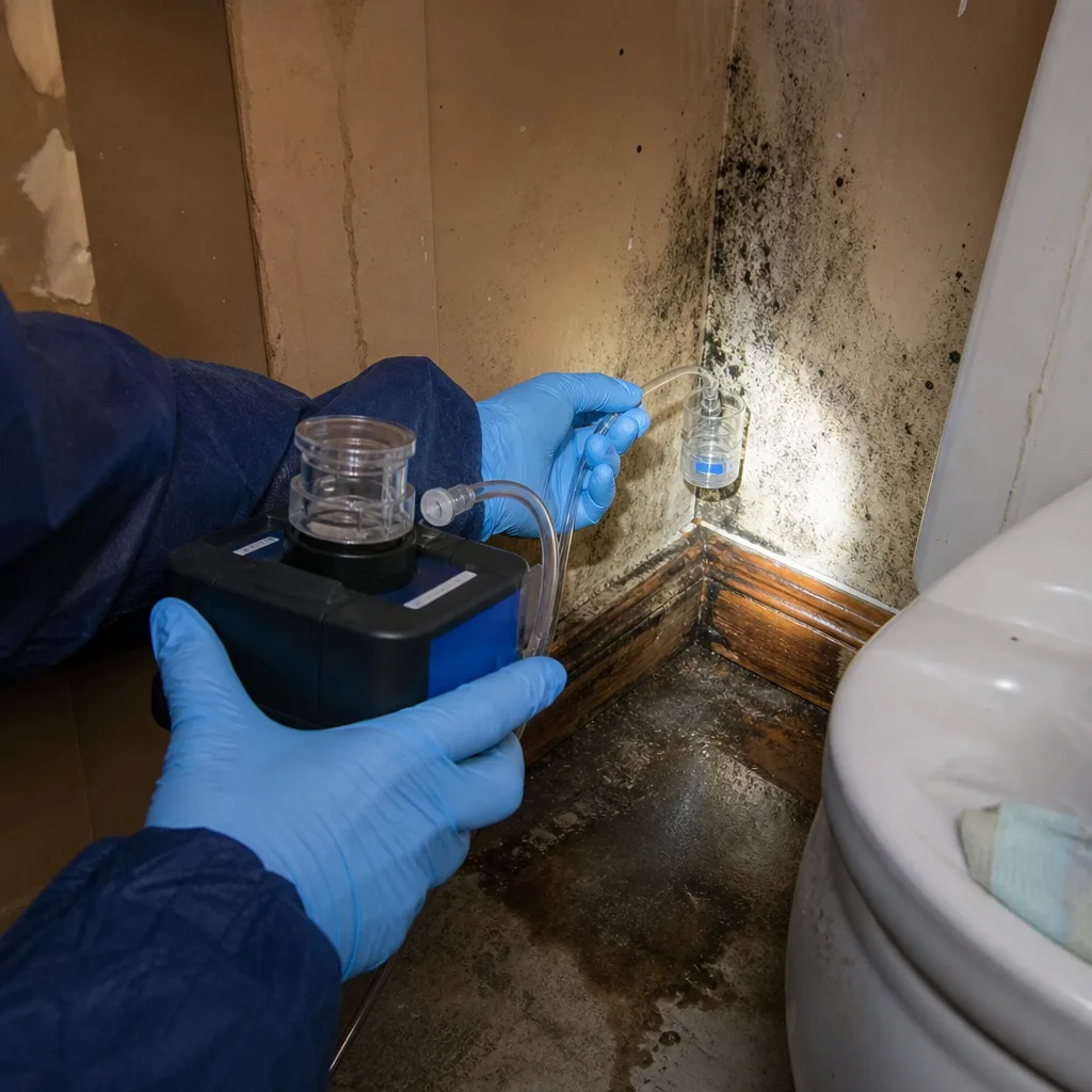 Professional mold inspector performing air quality testing for remediation services