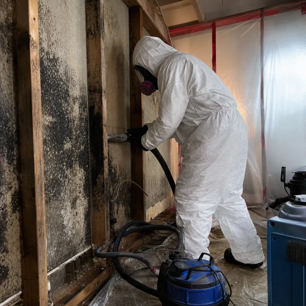 Professional technician performing mold remediation and cleanup in protective gear
