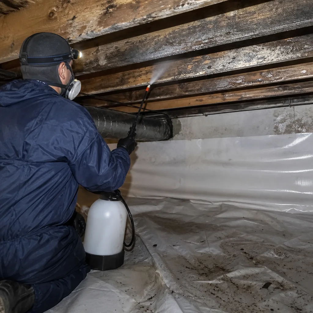 Professional performing mold remediation treatment on crawlspace floor joists