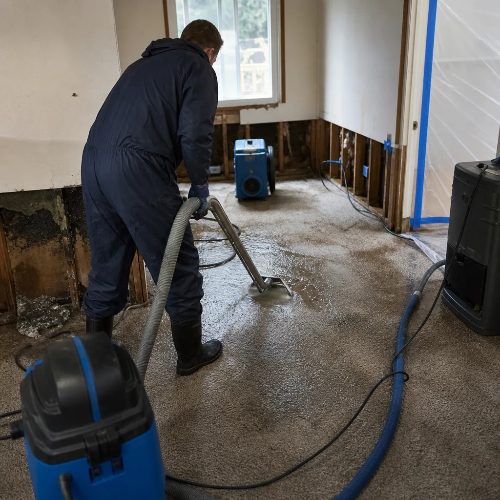 Technician performing water damage restoration using an industrial extraction tool.